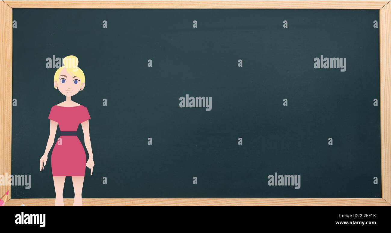 Image of woman talking over school icons Stock Photo