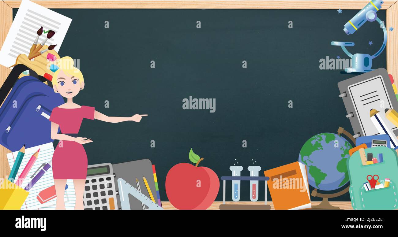 Image of woman talking over school icons Stock Photo