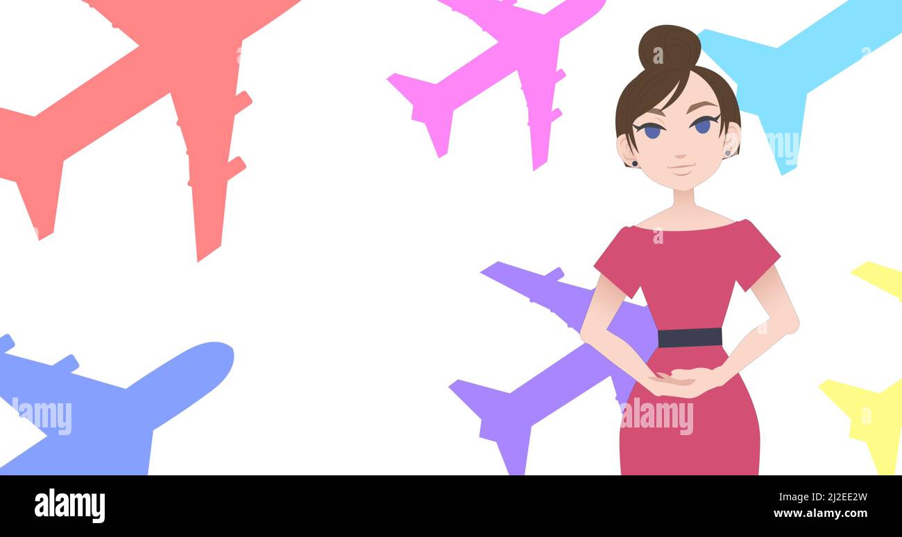 Image of woman talking over plane icons Stock Photo