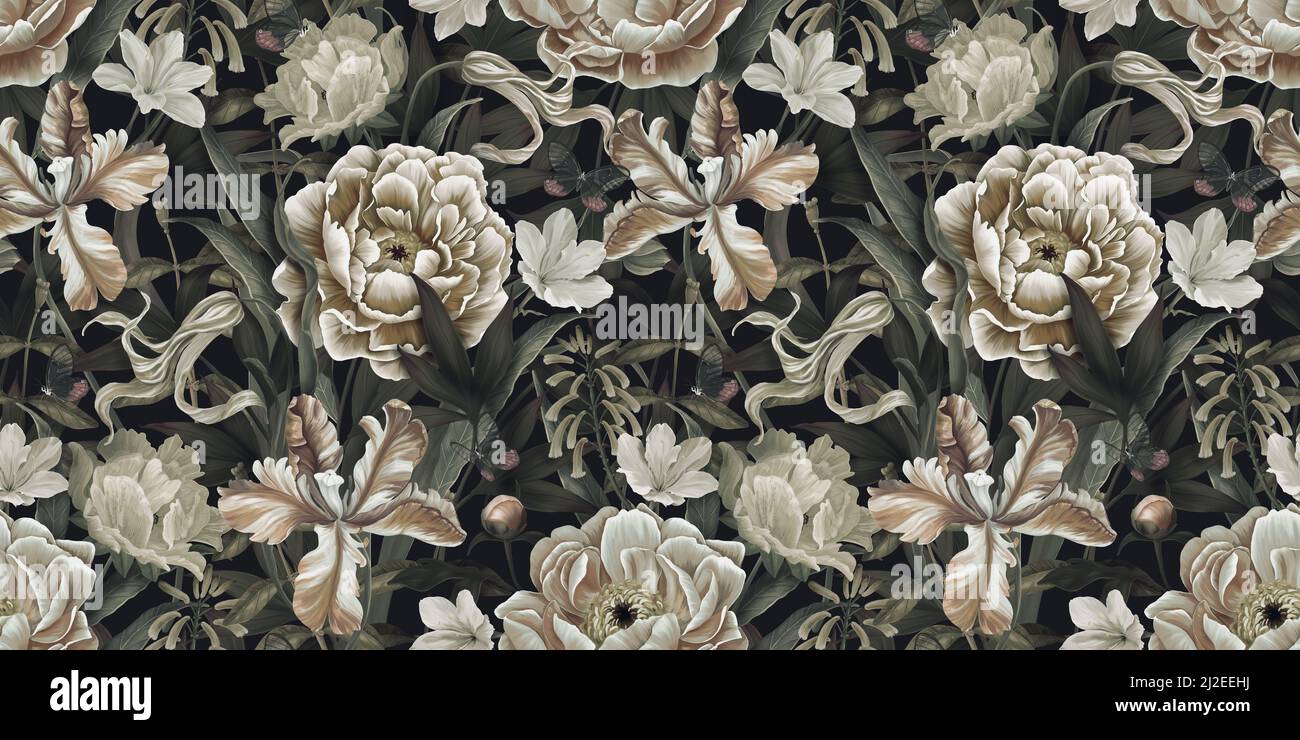 Vintage floral pattern with peonies, tulips, buds, flowers, butterflies. Botanical seamless wallpaper. Hand drawn realistic design for fabric, paper, Stock Photo
