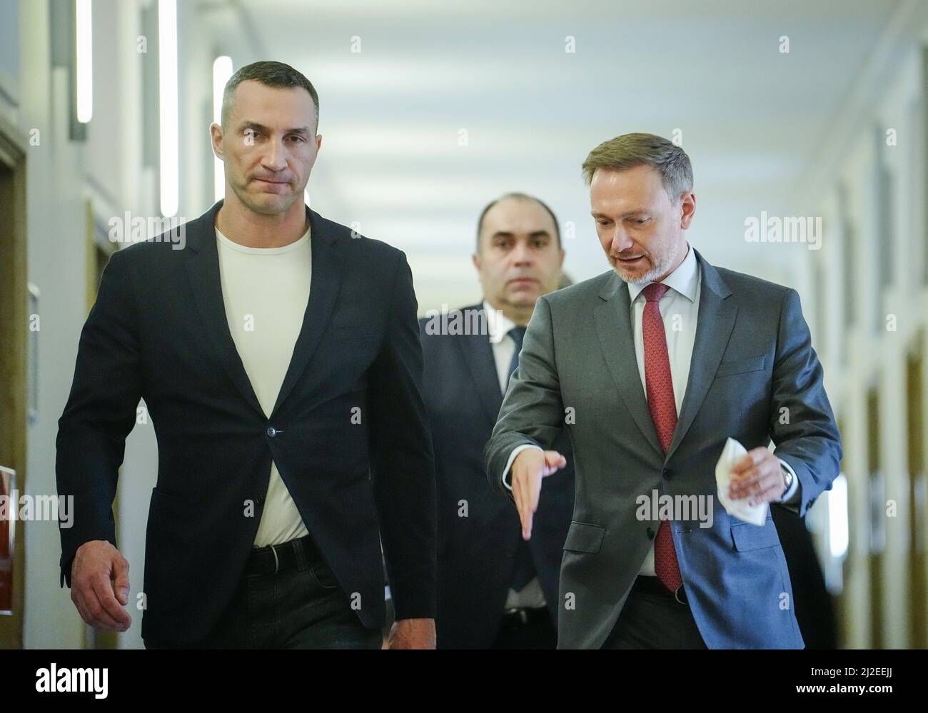 Berlin, Germany. 01st Apr, 2022. Former world boxing champion Wladimir  Klitschko is received by Christian Lindner (FDP, r), Federal Minister of  Finance, at his ministry. Klitschko has traveled with a delegation from