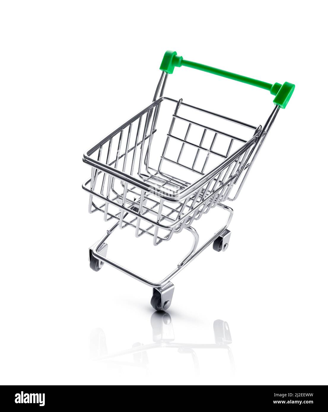 An empty shopping trolley with a green handle isolated on white Stock Photo