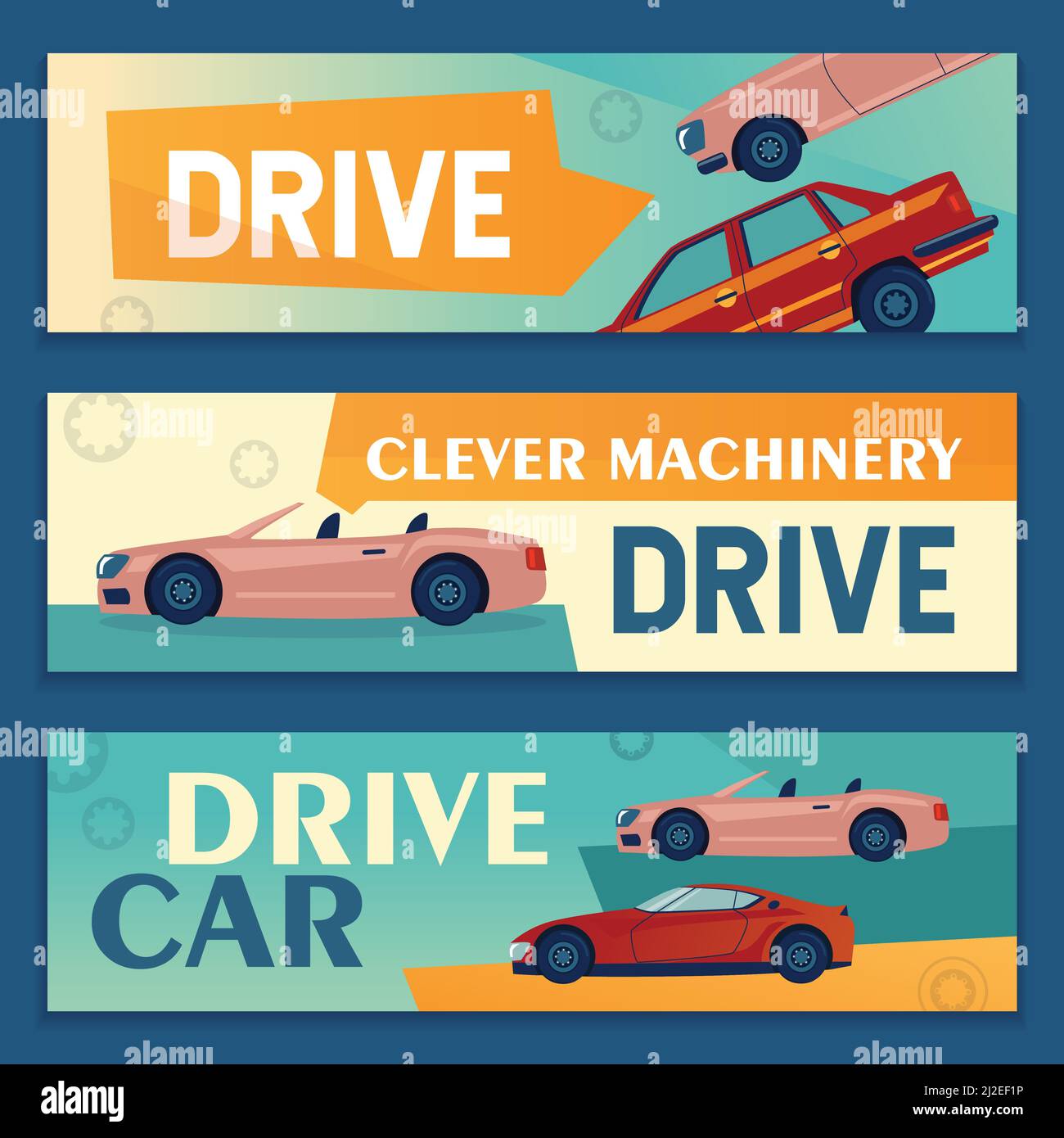 Promotional banner designs with modern cars. Vehicle banners on colorful background. Transport
