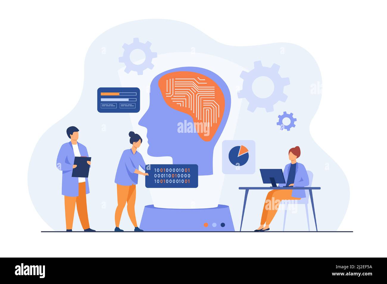 Scientists studying neural connections. Programmers writing codes for machine brain. Vector illustration for artificial intelligence, machine learning Stock Vector