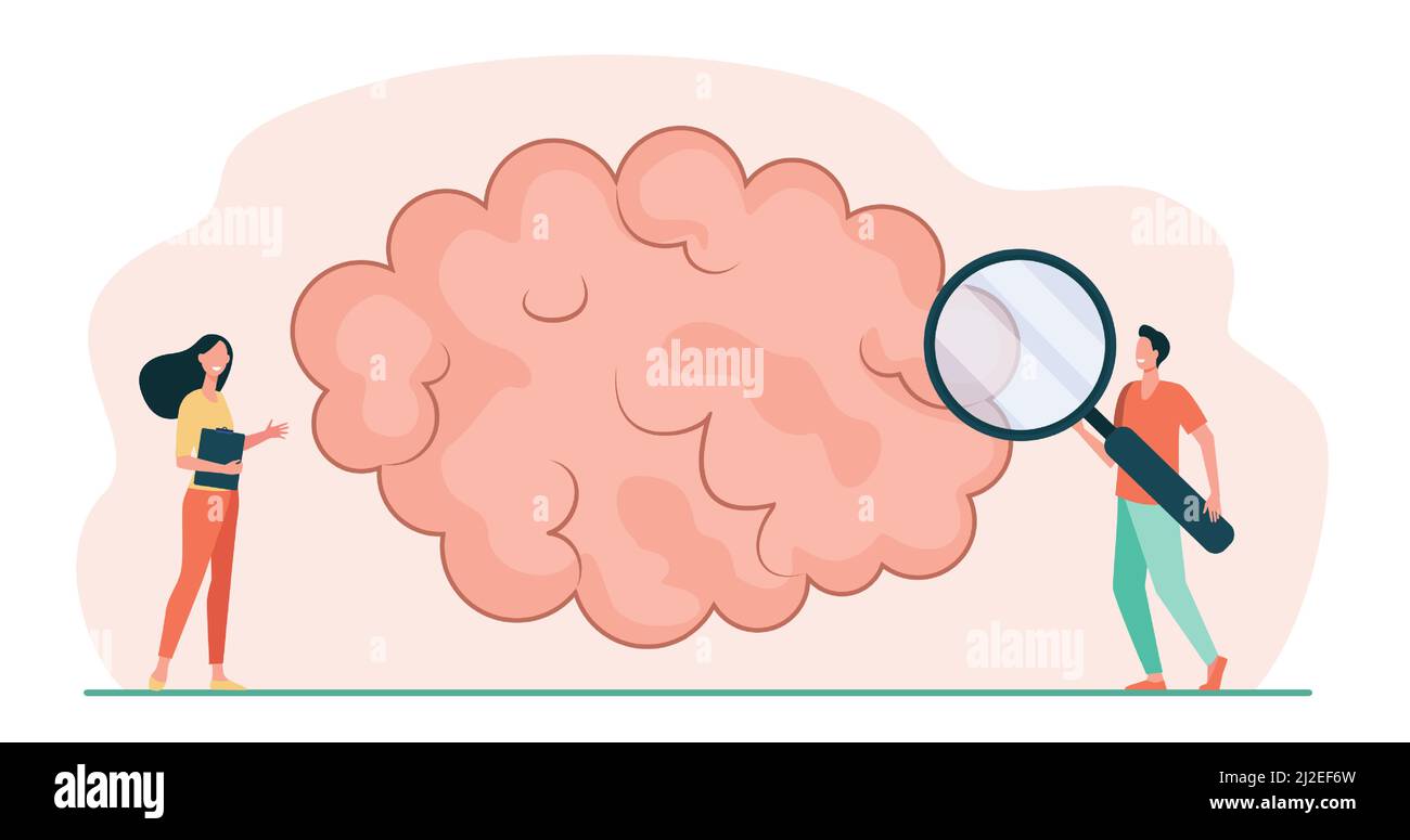 Two tiny characters examining big cloud. Magnifier, data, web flat vector illustration. Information storage and digital technology concept for banner, Stock Vector