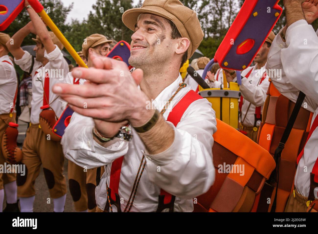 Grupo Hippies - Theme 'Kalkamos ' Carnaval de Ovar 2016 Carnaval parade. Action shot of group performing Stock Photo