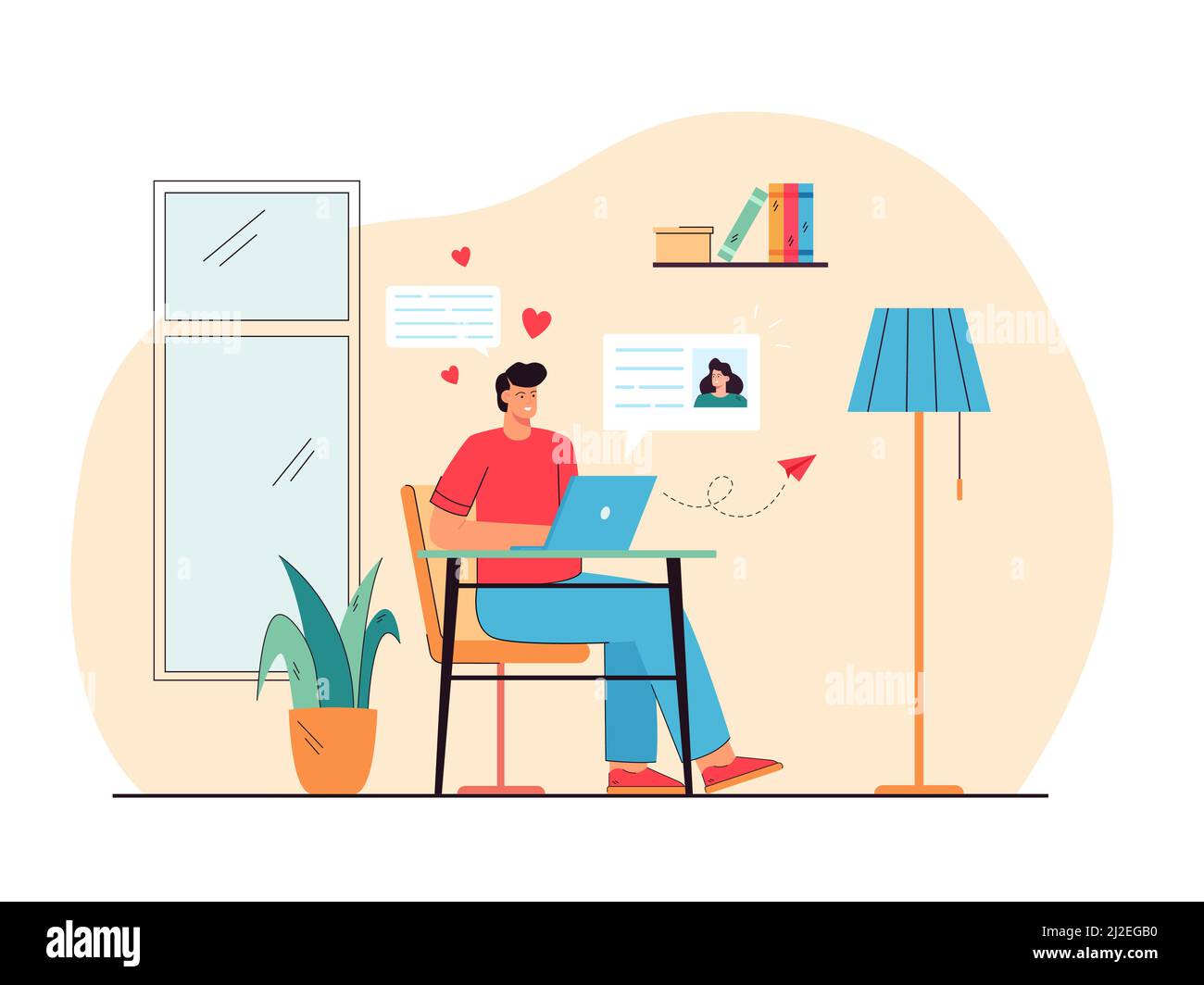 Cheerful man dating with woman online flat vector illustration. Cartoon happy guy sending message to girlfriend on laptop computer. Social media and f Stock Vector