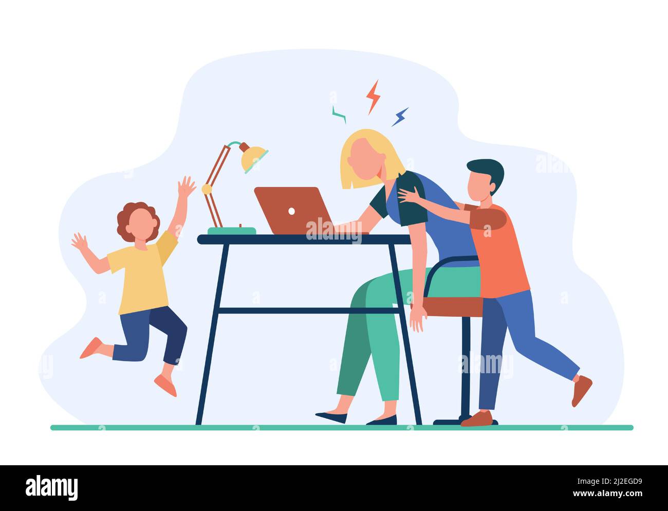 Tired mom working at laptop at home. Active kids bothering freelance mother flat vector illustration. Motherhood, lockdown, distance work concept for Stock Vector