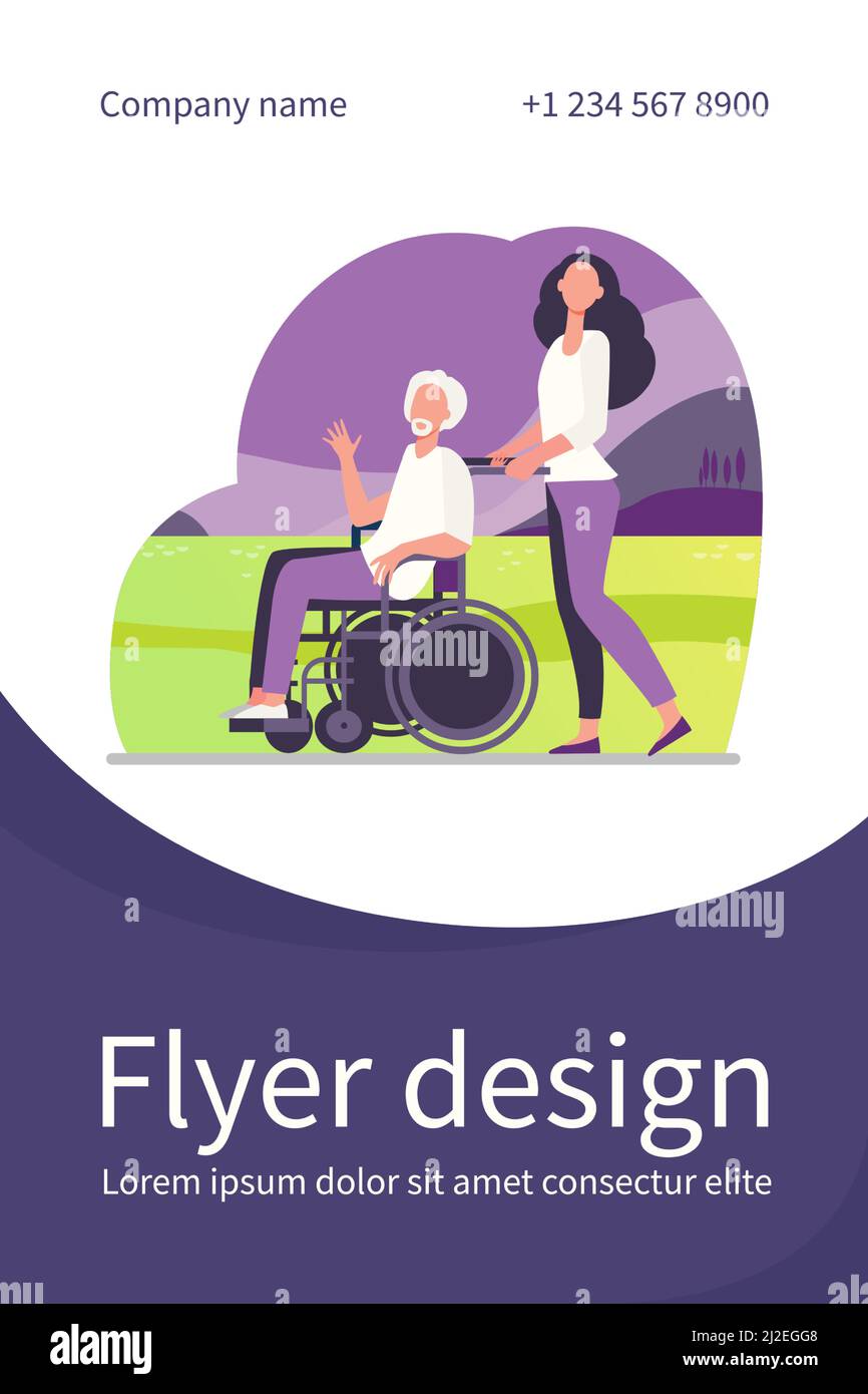 Young woman wheeling wheelchair with senior man. Volunteer helping disabled person flat vector illustration. Disability, volunteering concept for bann Stock Vector
