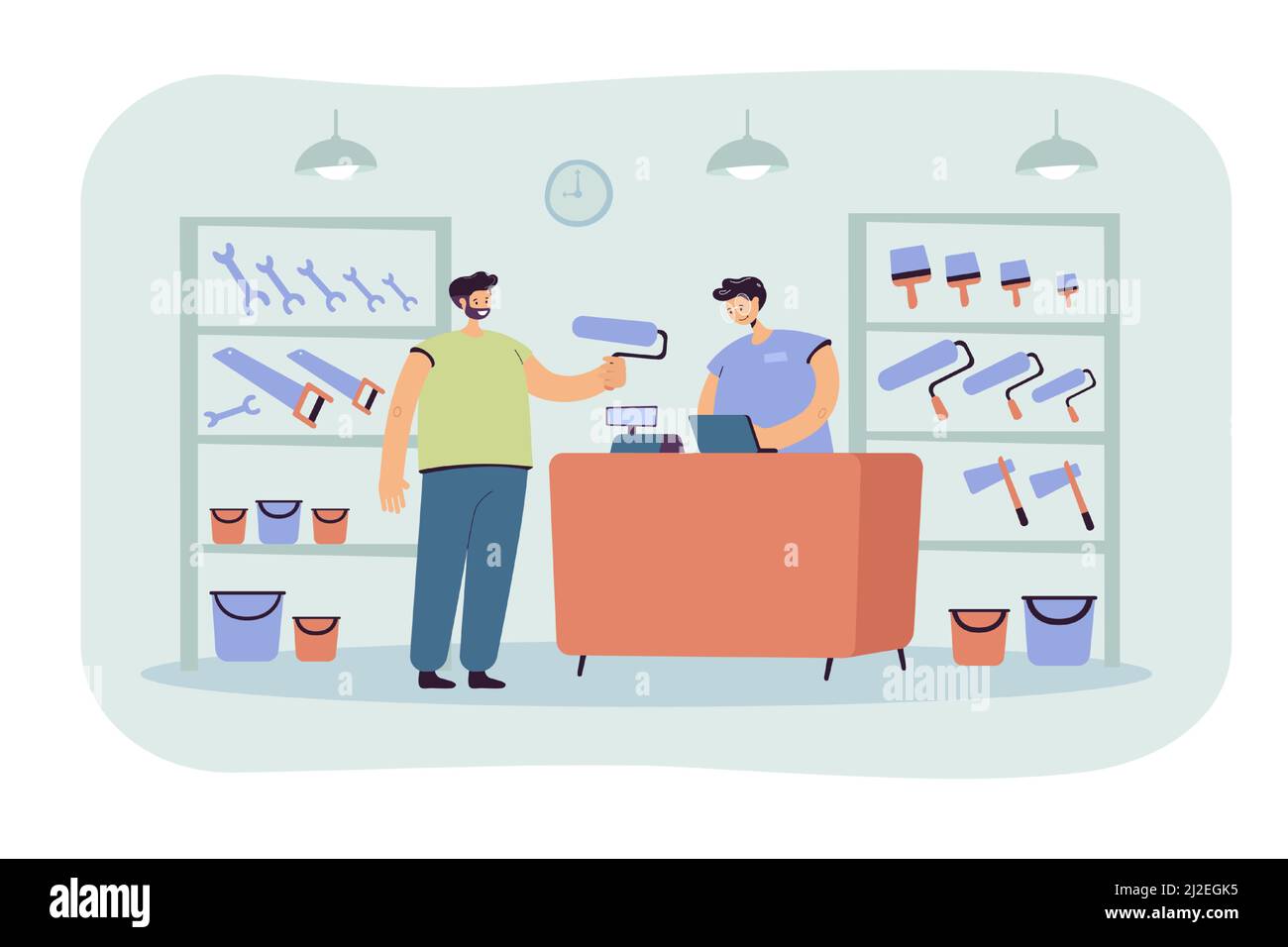 Smiling guy buying paint roller in tool store flat vector illustration