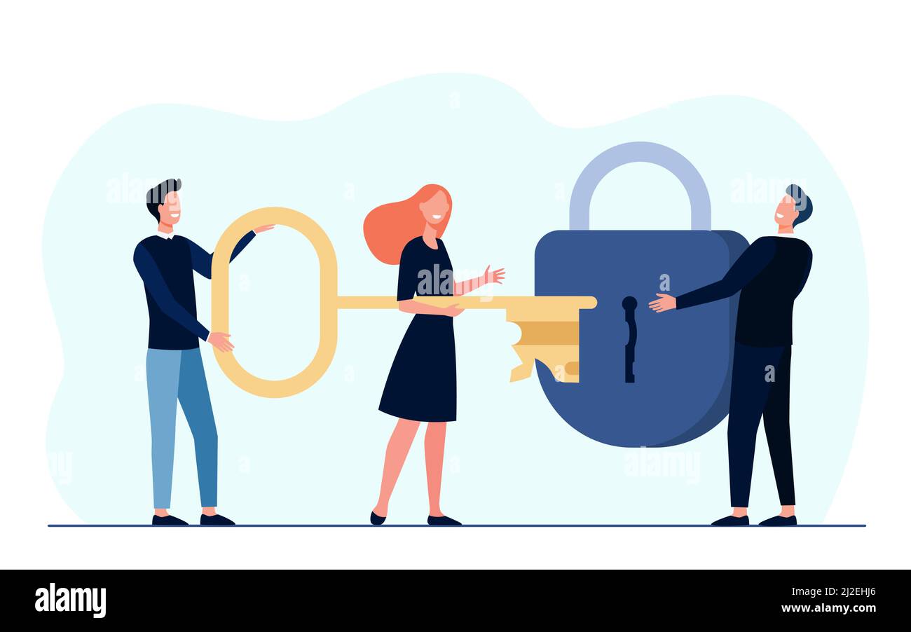 Business team finding solution together. Group with key unlocking lock. Flat vector illustration. Teamwork, success, security concept for banner, webs Stock Vector
