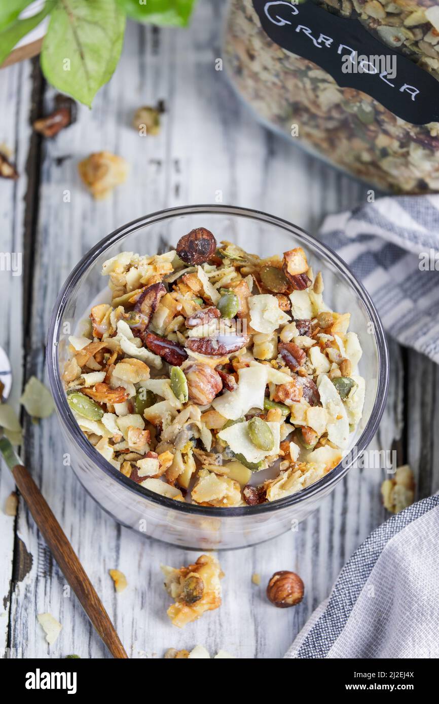 Vegan keto Granola made with pecans, hazelnuts, unsweetened coconut