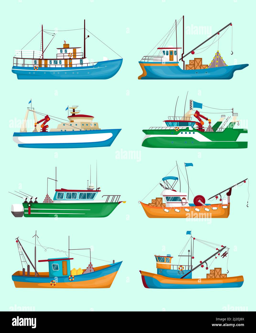 Fishing boats set. Traditional fisherman trawlers, ships with cranes and cargo isolated on pale blue. Vector illustration for food industry, marine jo Stock Vector