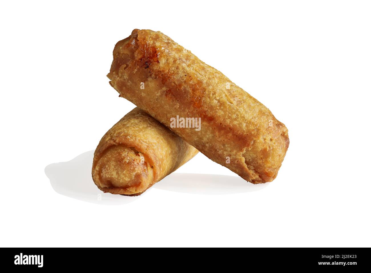 Two Egg rolls stacked together and isolated over a white background with light shadow. Clipping path included. Stock Photo