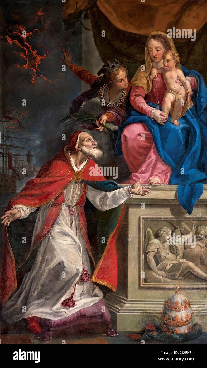Our Lady of the Rosary with  St. Pio V and  St. Eurosia - oil on canvas  - emilian painter of the late 16th century  - Suzzara (Mn), Italy, church of Stock Photo