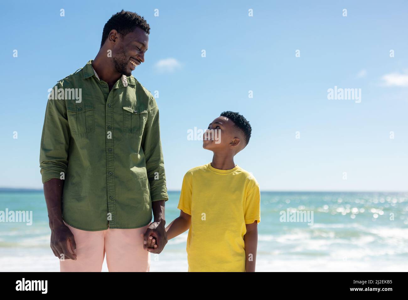 Happy african american father and son looking at each other while holding hands against blue sky Stock Photo