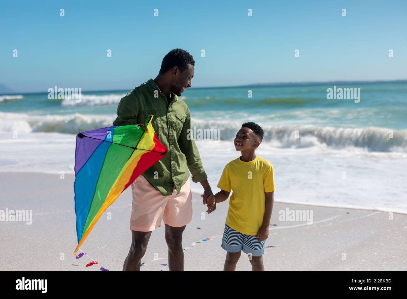 Happy african american father and son holding hands while standing with ...