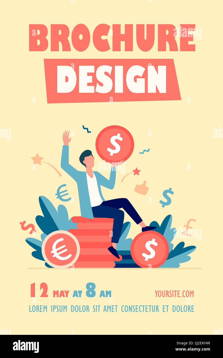 Happy businessman earning money flat vector illustration. Cartoon millionaire or banker holding huge coin. Finance growth and market concept Stock Vector