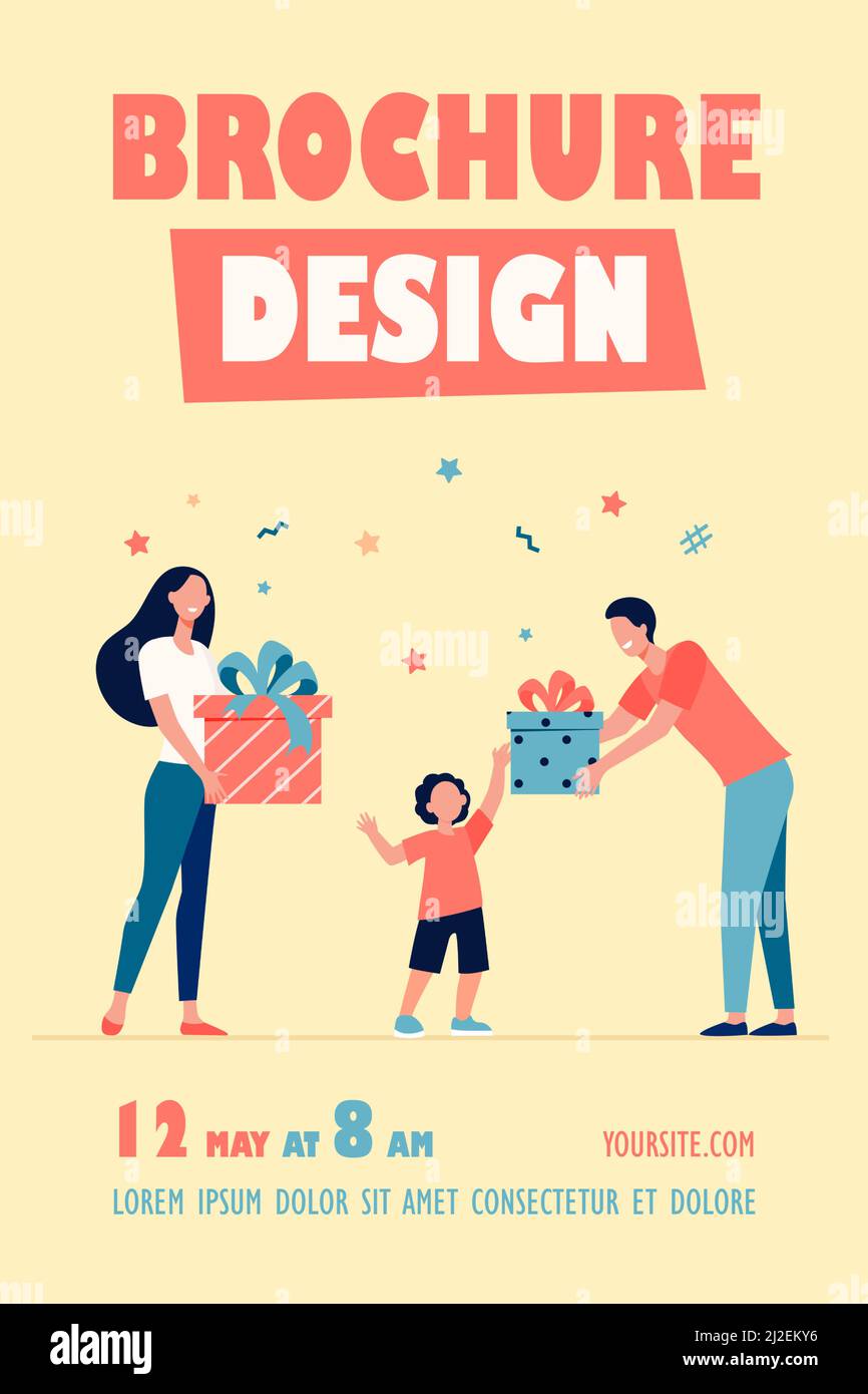 Happy parents giving gifts to son. Boy receiving birthday presents flat vector illustration. Surprise, Christmas, childhood concept for banner, websit Stock Vector