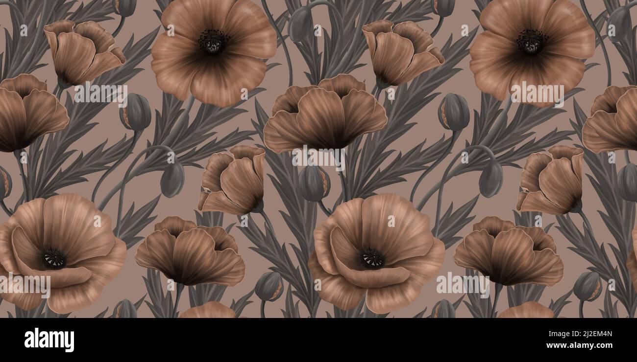 Floral seamless pattern with hand drawn watercolor red poppy flowers. Dark vintage wallpaper. Luxury botanical background. Glamor ornament illustratio Stock Photo