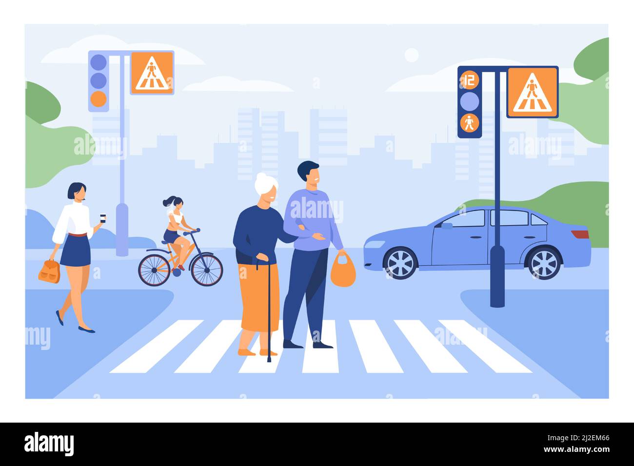 Young man helping old woman crossing road flat vector illustration. Cartoon elderly walking town crosswalk with help of guy. Urban lifestyle and citys Stock Vector
