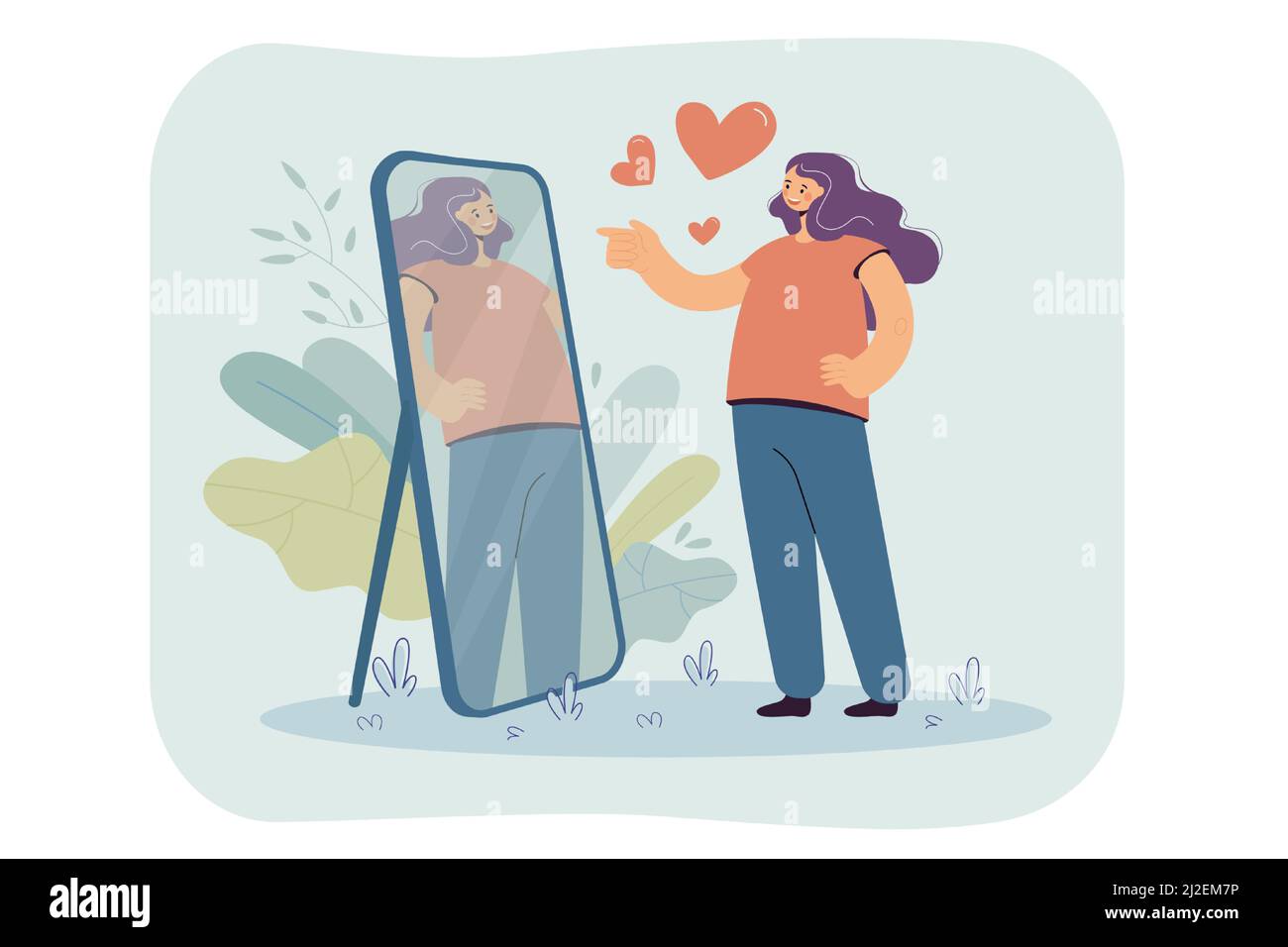 Happy narcissist girl looking at herself at mirror, admiring her beautiful reflection. Vector illustration for self love, proud, admiration, narcissis Stock Vector