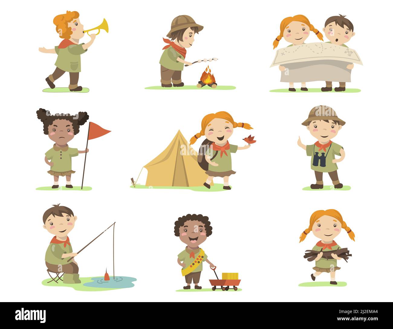 Happy children in scout costumes flat set for web design. Cartoon girls ...