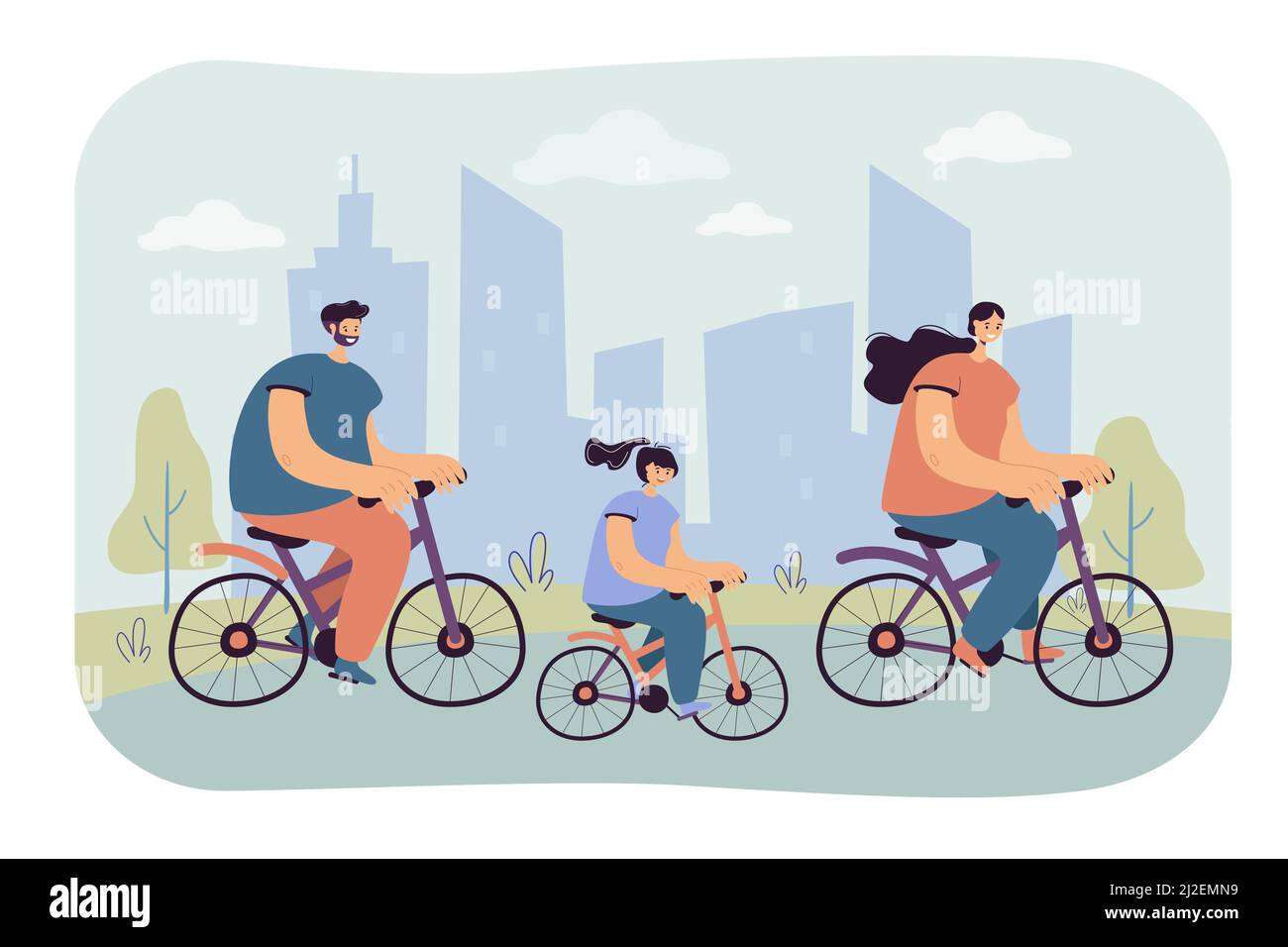 Joyful family riding bikes in city park isolated flat vector illustration. Cartoon mother, father and daughter cycling and having active weekends. Urb Stock Vector