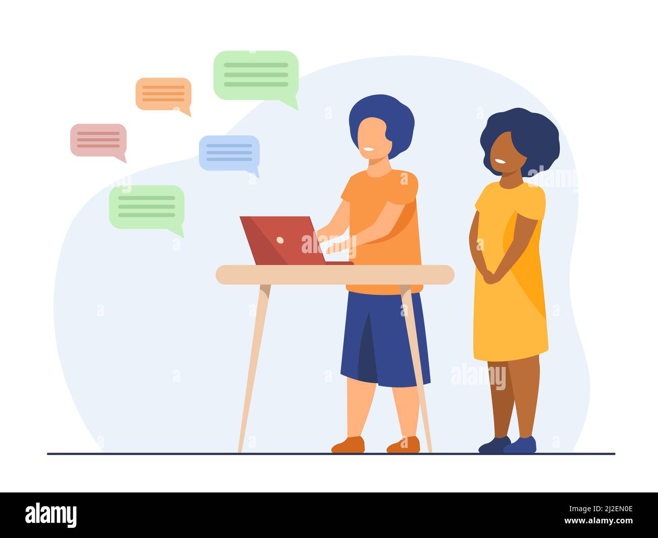 Kids chatting online. Diverse couple of children using computer, texting messages. Flat vector illustration. Communication, childhood concept for bann Stock Vector