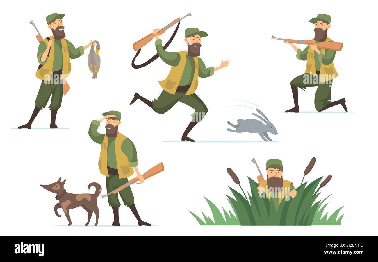 Hunter vector illustrations set. Man wearing camouflage clothes holding dead duck, hunting outdoors with dog, aiming riffle, driving game. For outdoor Stock Vector