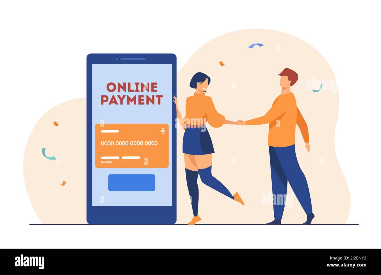 People using online payment mobile app. Woman showing interface on phone screen to man. Flat vector illustration. Online bank, finance concept for ban Stock Vector