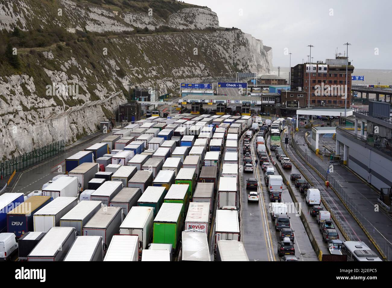 Freight and passenger queues waiting to check in at the Port of Dover