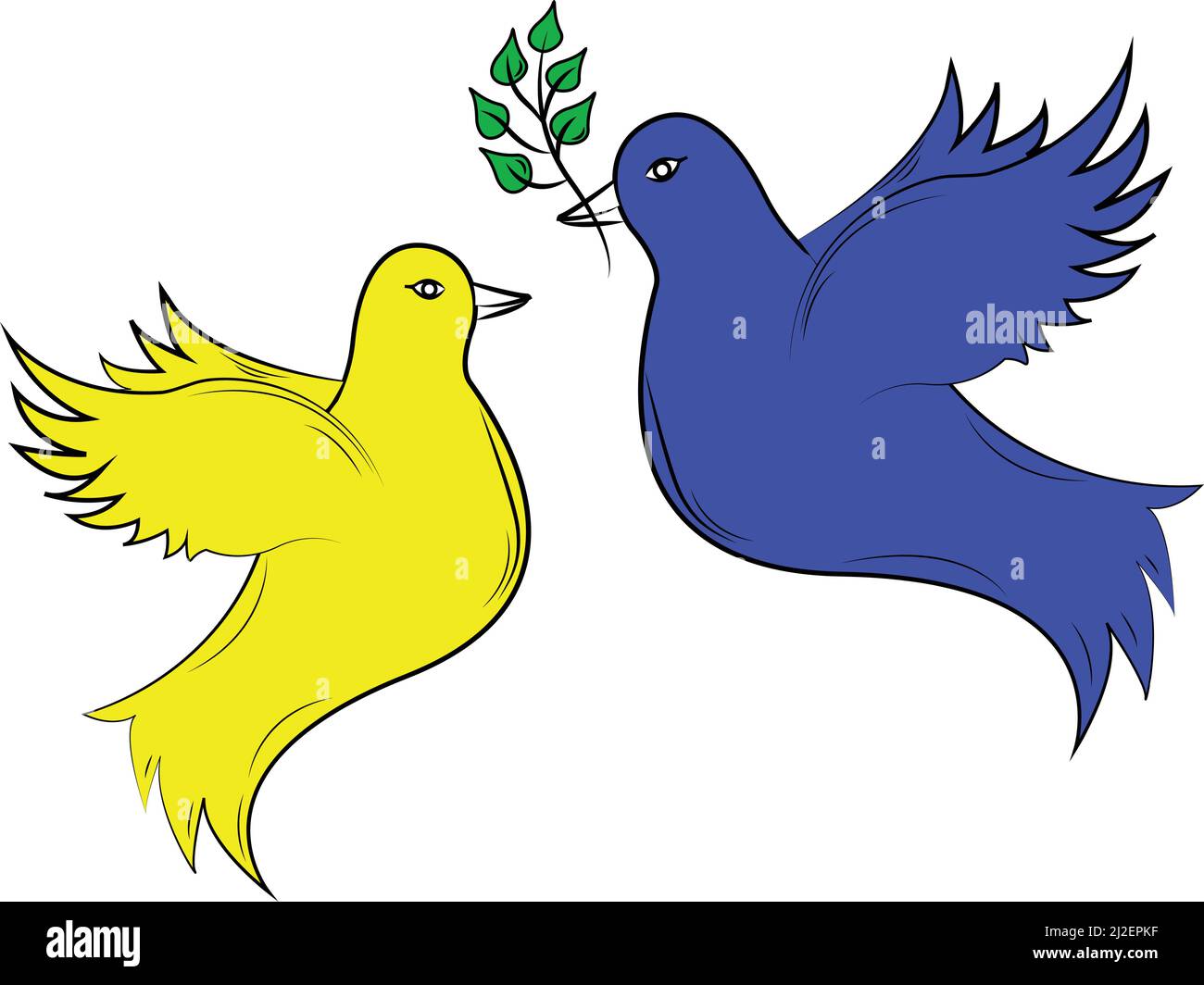 illustration of peaceful blue and yellow doves isolated on white Stock Vector
