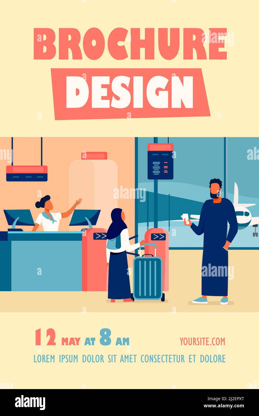 Muslim family standing at check in desk in airport. Couple with children waiting boarding flat vector illustration. International tourism concept for Stock Vector
