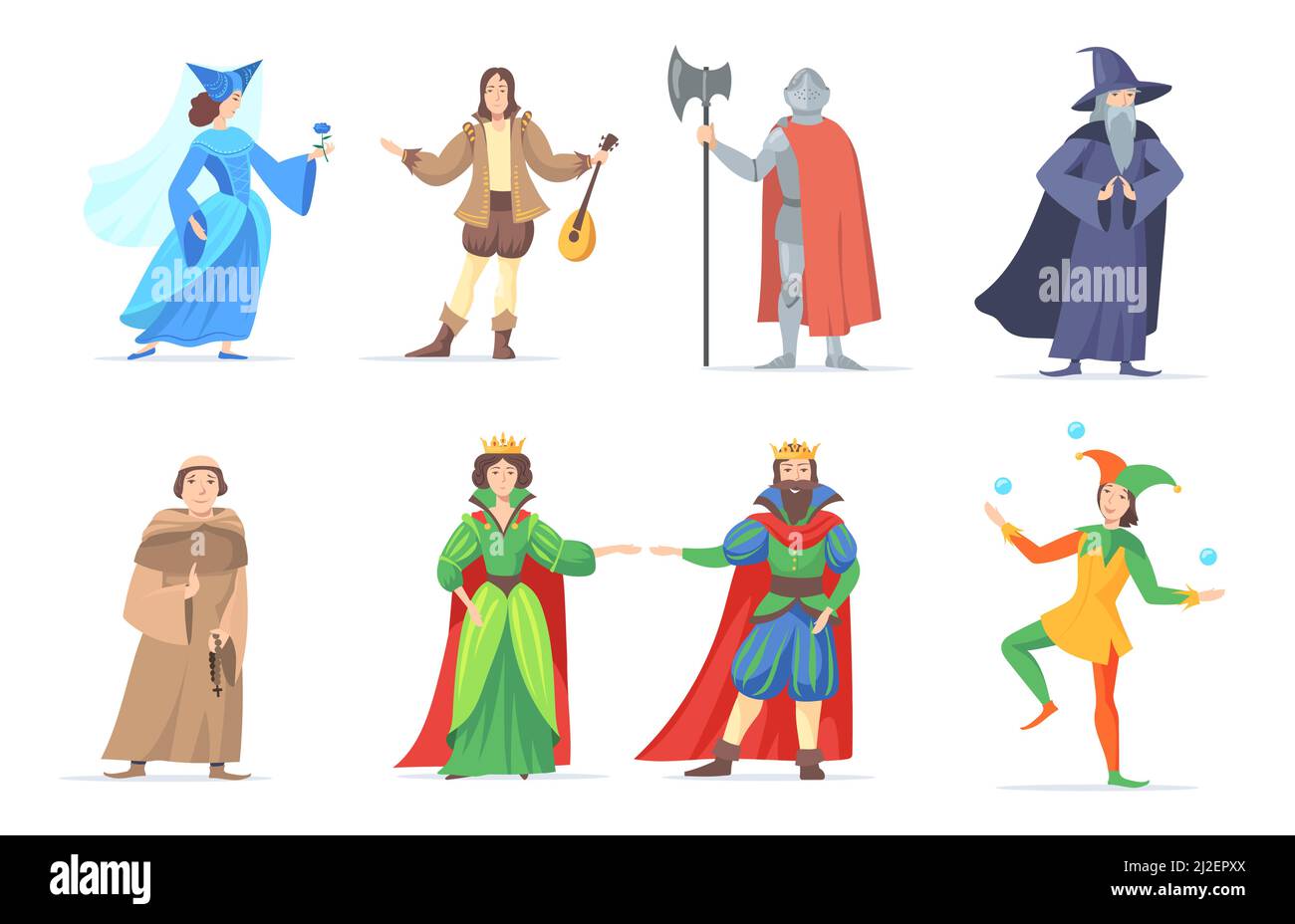 Set of medieval cartoon characters in historical costumes. Flat vector illustration. Fantasy king, queen, princess, wizard, executioner, bard of renai Stock Vector