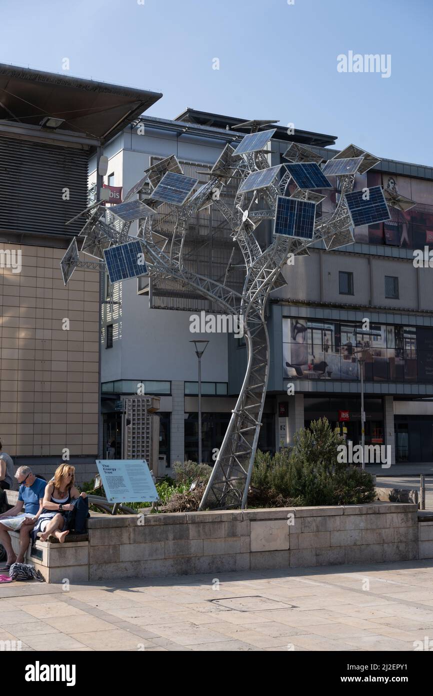 Energy Tree in Millennium Square, Bristol, UK, a solar powered phone charging sculpture. Credit