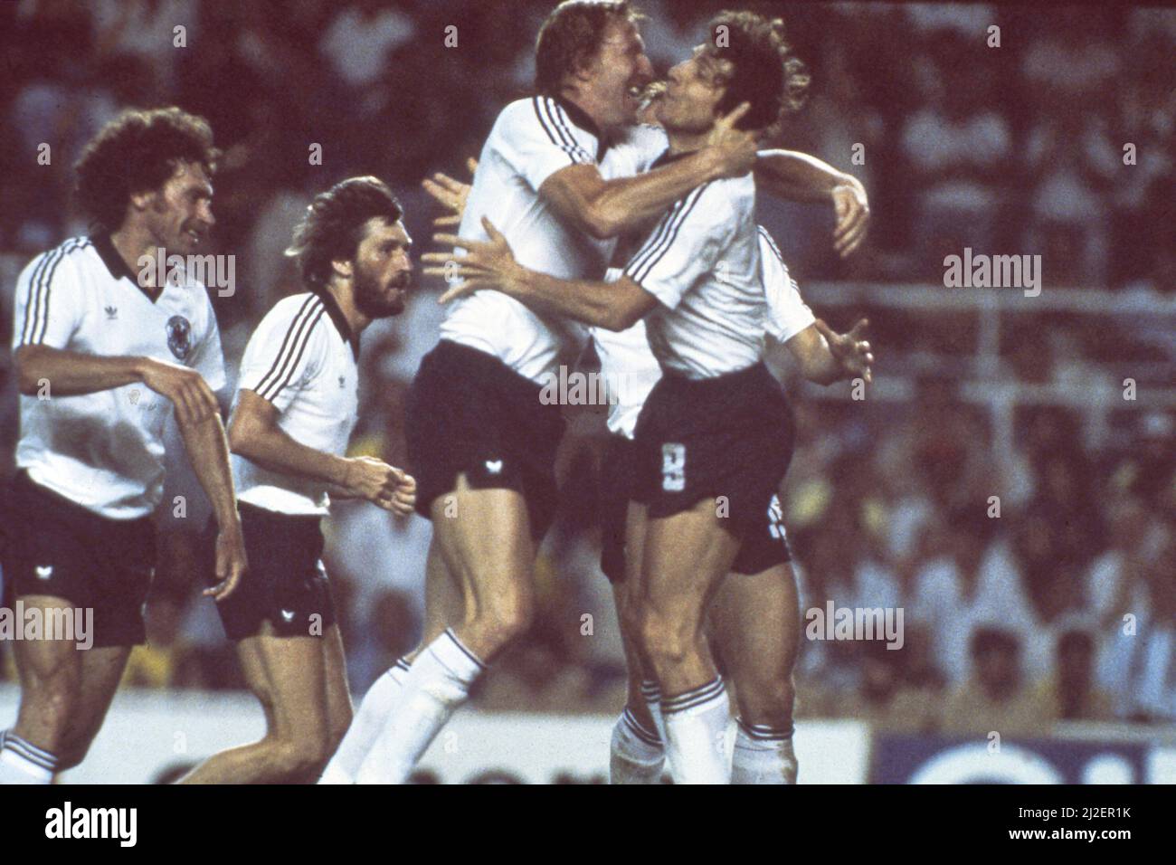 final jubilation Germany, left to right Paul BREITNER, Manfred KALTZ, Horst HRUBESCH and Klaus FISCHER (GER) 3:3, 5:4) World Cup 1982 in Spain, semifinals, Â Stock Photo