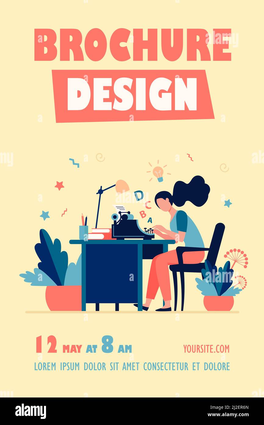 Female writer using retro typing machine. Young woman inspiring with idea, writing creative article at her workplace. Vector illustration for creative Stock Vector