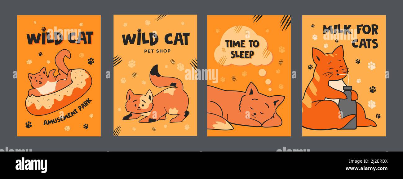 Orange posters design with cute cats. Colorful brochures for pet shop with kitties. Pets and domestic animals concept. Template for promotional leafle Stock Vector