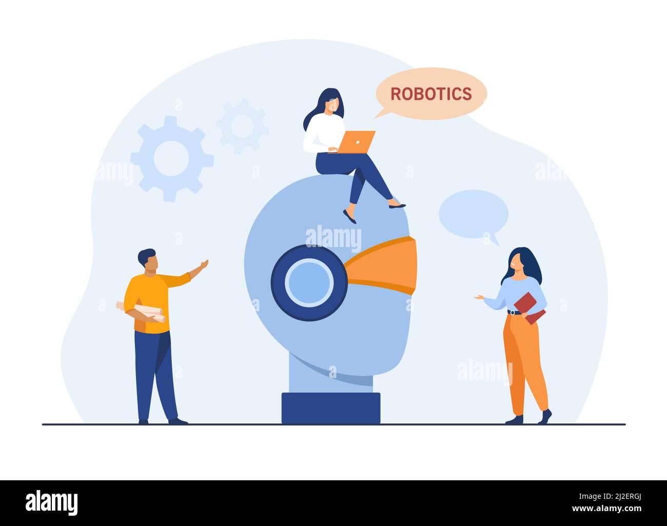 Tiny people and giant robot head. Laptop, development, computer flat vector illustration. Robotics and engineering concept for banner, website design Stock Vector