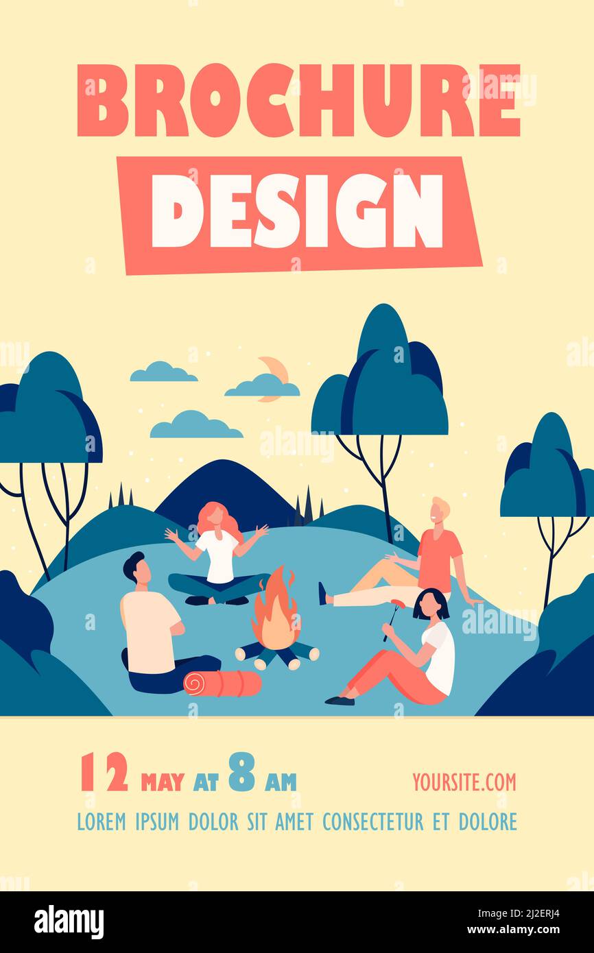 Happy friends sitting near campfire at summer night flat vector illustration. Cartoon people telling scary story near fire. Summertime camping and nat Stock Vector