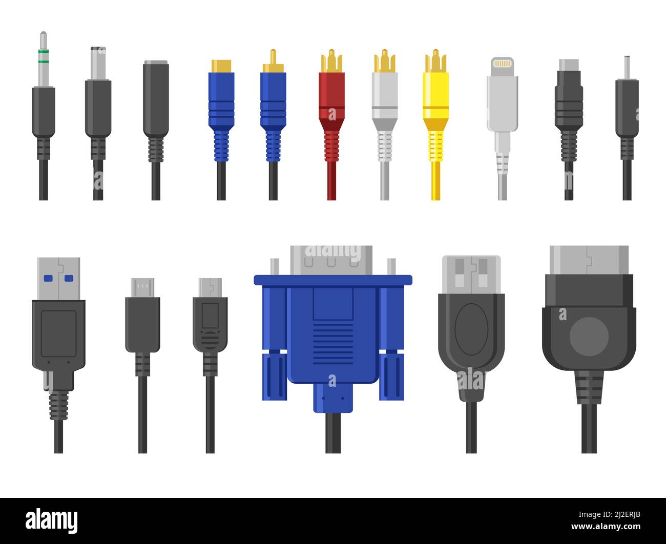 Plug contacts set. Cables, wire connectors, connection for ethernet, hdmi, vga, usb, video, audio ports. Vector illustration for computing, cord commu Stock Vector