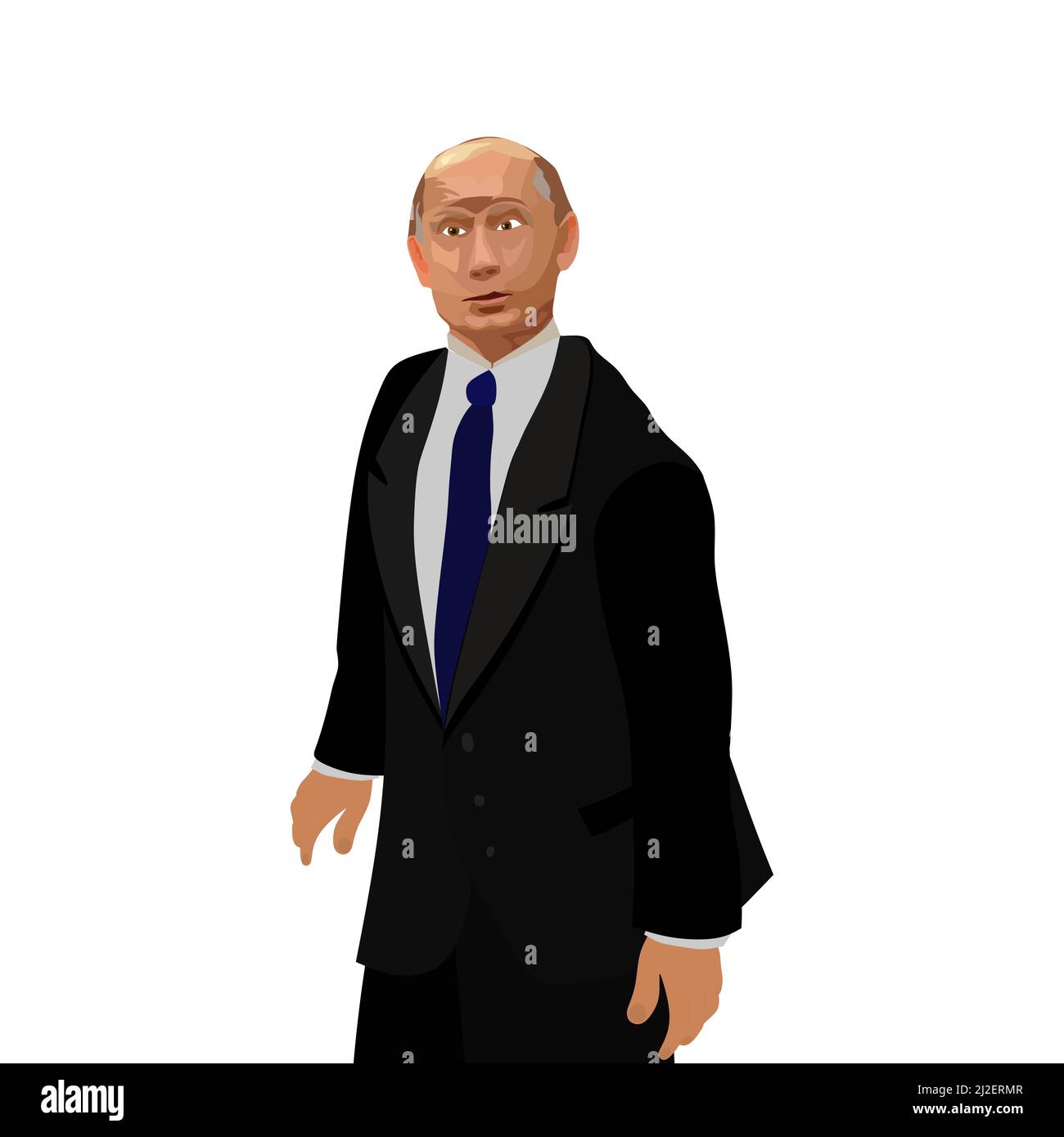 Vladimir Putin in a black suit, light blue shirt and blue tie with a very serious expression on his face. Putin is important, intimidating, formidable Stock Vector