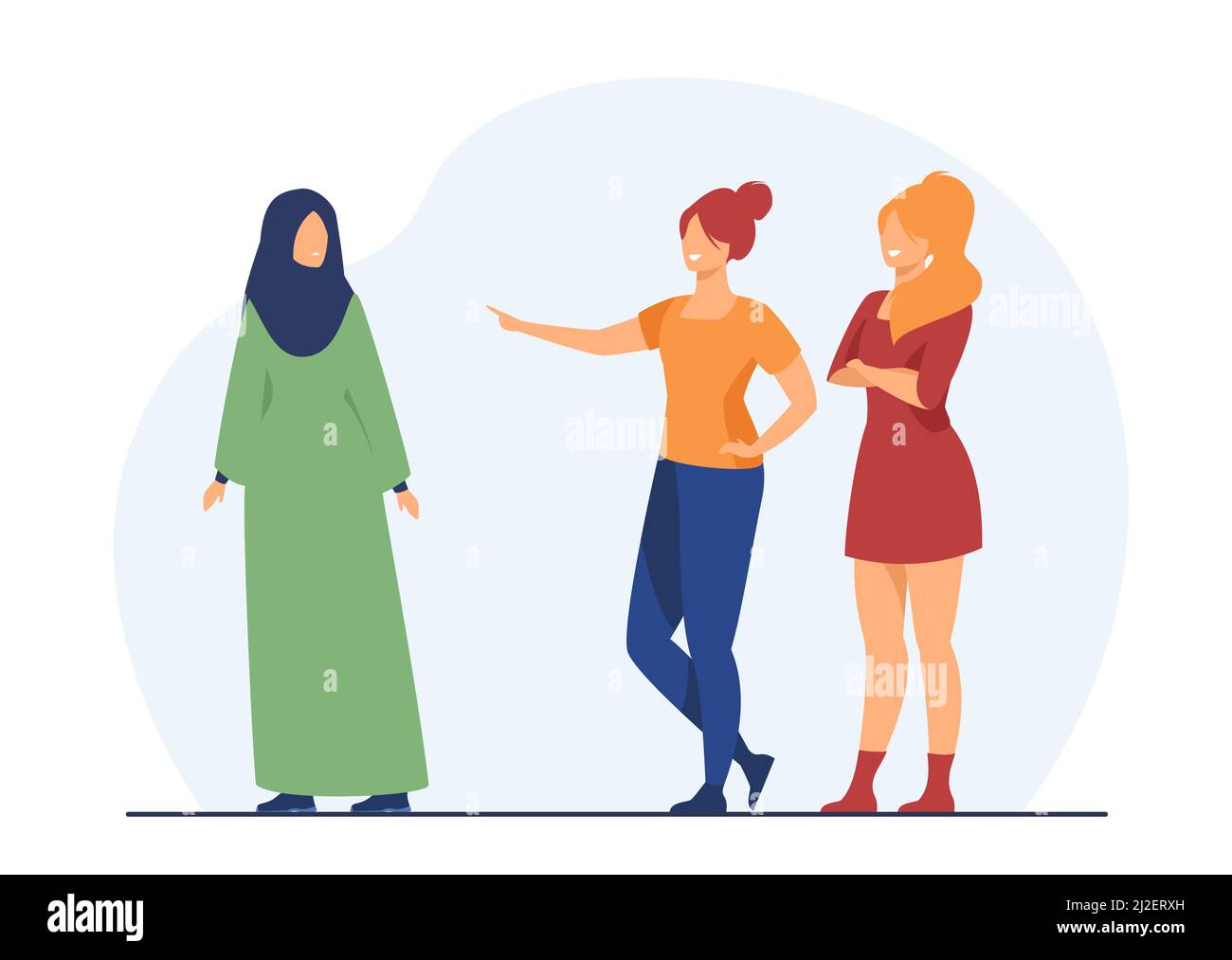 Girls bullying Muslim classmate. Shaming, teasing, minority. Flat vector illustration. Social problem, violence, cultural difference concept for banne Stock Vector