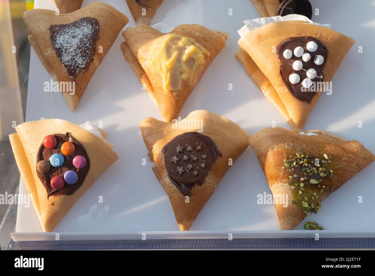 Italy, Lombardy, Display of Dessert Crepes French Pancakes Stock Photo