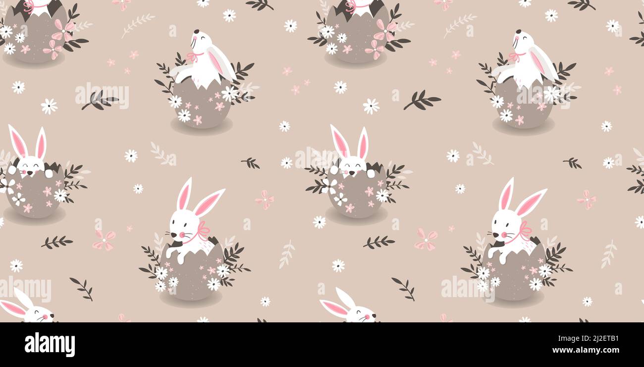 Lovely hand drawn Easter seamless pattern with cute bunnies sitting in ...