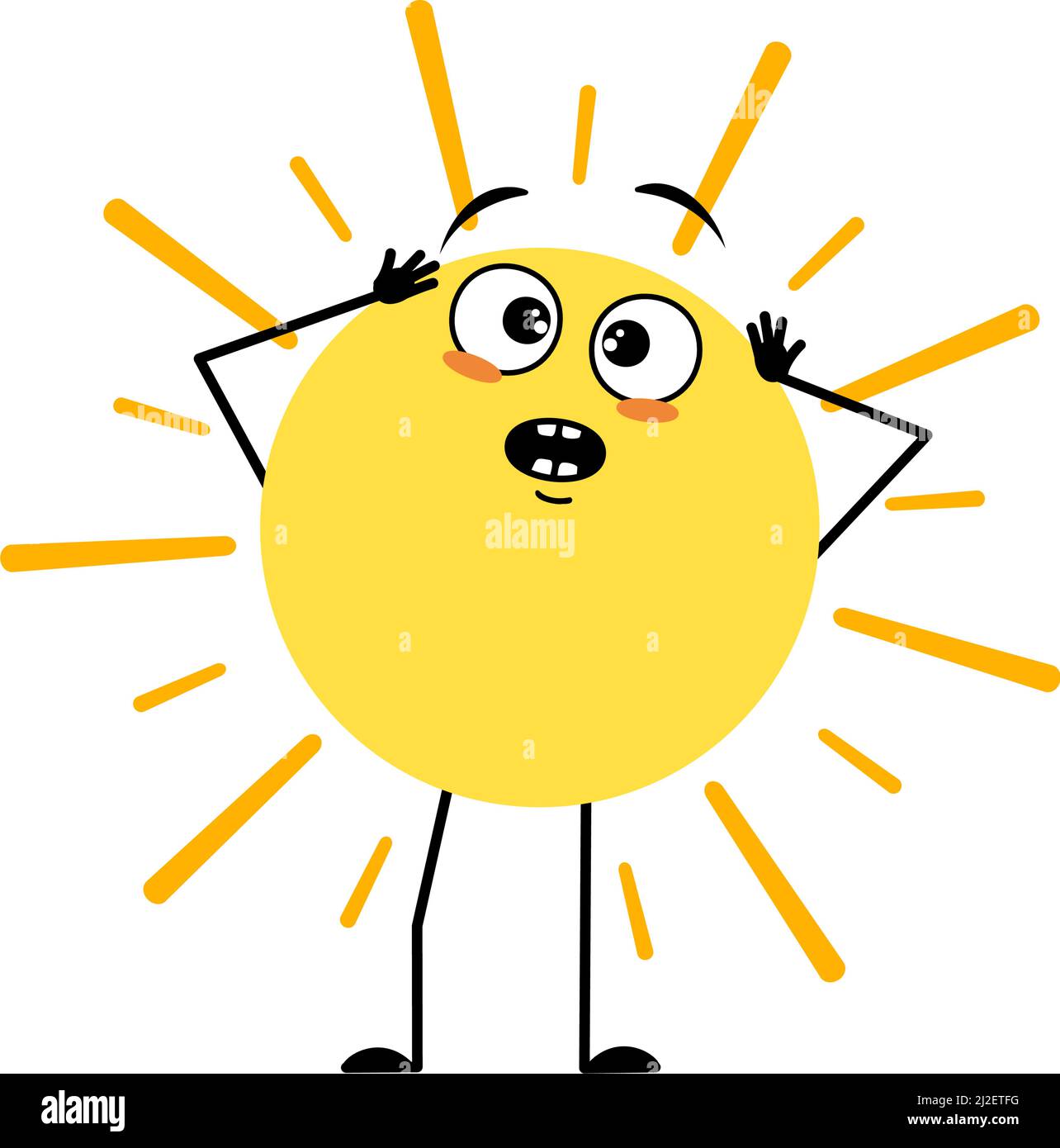 Cute sun character with emotions in panic grabs his head, surprised face, shocked eyes, arms and legs. Person with scared expression and pose. Vector flat illustration Stock Vector