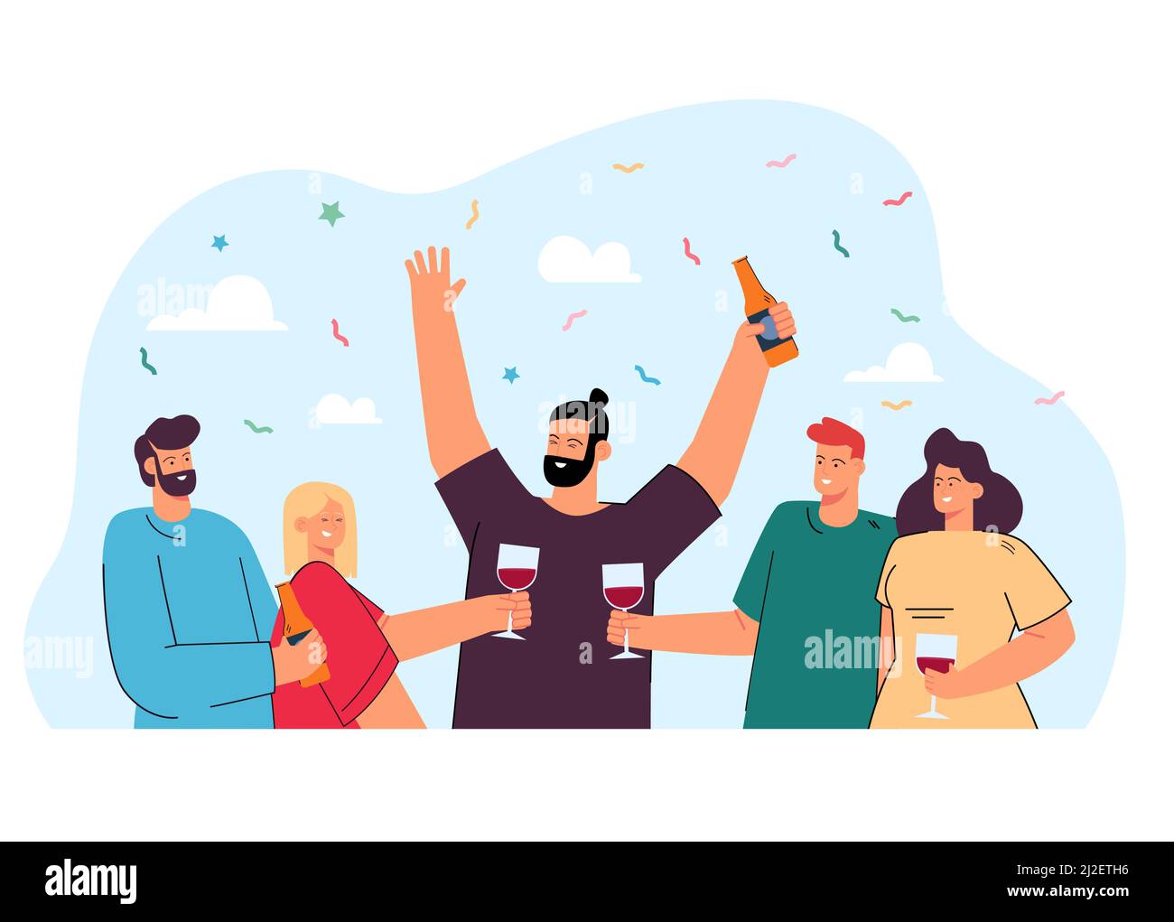 Happy friends drinking wine or beer together flat vector illustration. Cartoon positive people clinking glasses with alcohol drinks, smiling and makin Stock Vector