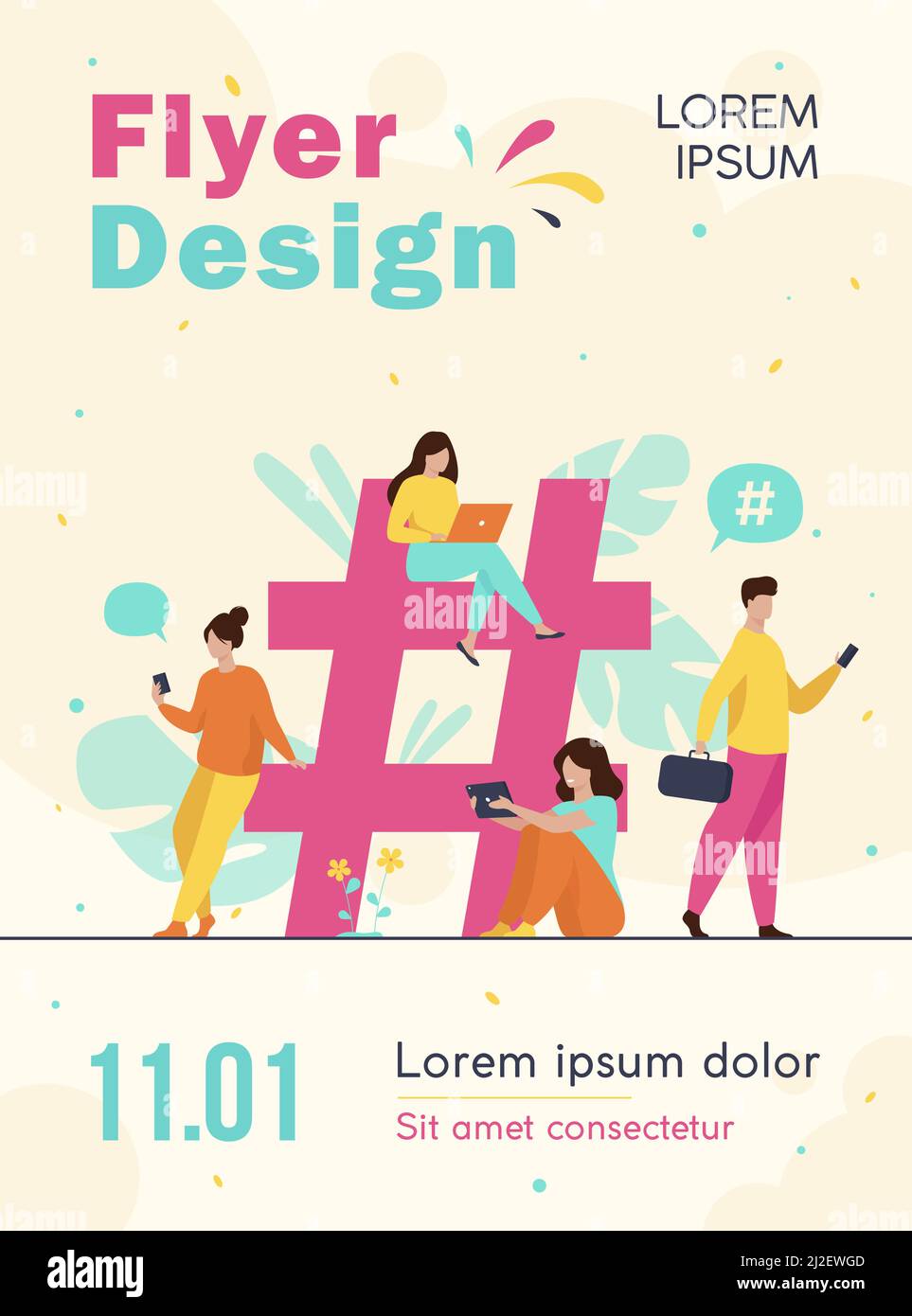 Tiny people near hashtag for social media flat vector illustration ...