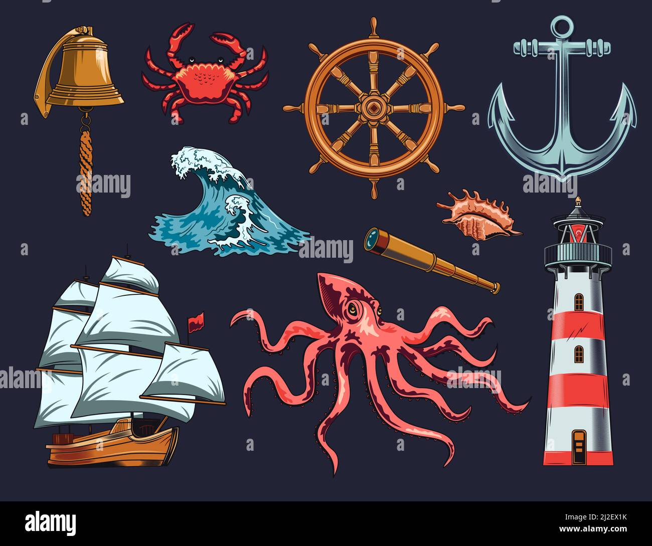 Maritime and nautical elements illustration set. Vintage design with ...